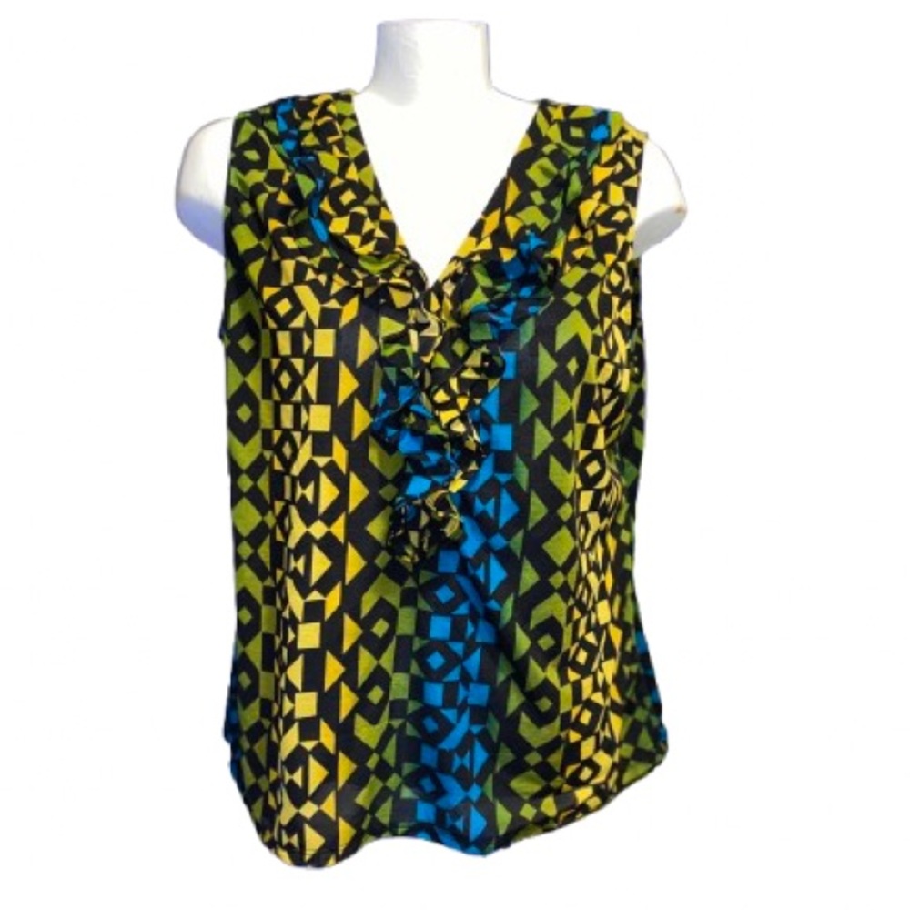 💙 Worthington Geometric Ruffle Blouse - Black, Blue, Yellow. Green. Size XL